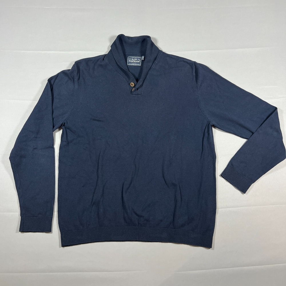 Topman Sweater Mens XL Navy Blue Tight Knit Ribbed Trim Shawl Collar Long Sleeve